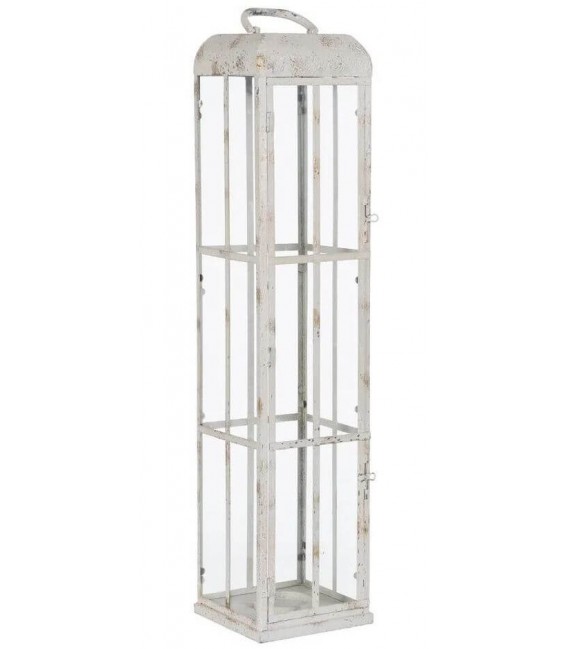 Portavelas alto de metal y cristal blanco con acabado envejecido. Mdmhogar