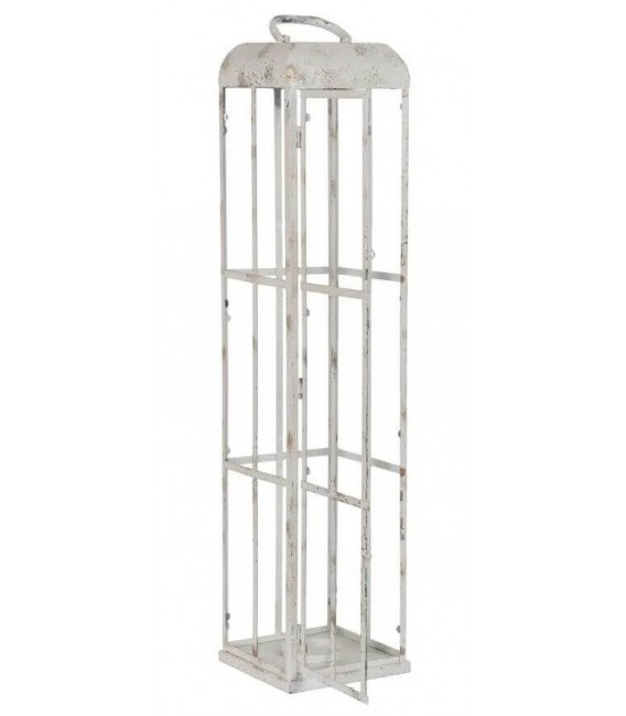 Portavelas alto de metal y cristal blanco con acabado envejecido