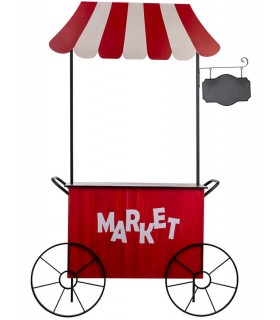 Carro expositor market vintage en metal negro, madera y rojo.