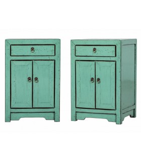 Mesitas orientales inseparables con lacado verde tiradores metálicos. Mdmhogar