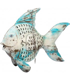 Porta velas colgante forma de pez acabado envejecido azul y blanco.