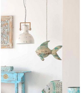 Porta velas colgante forma de pez acabado envejecido azul y blanco. Mdmhogar