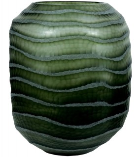 Jarrón de cristal verde tallado con textura glaseada artesanal. Mdmhogar