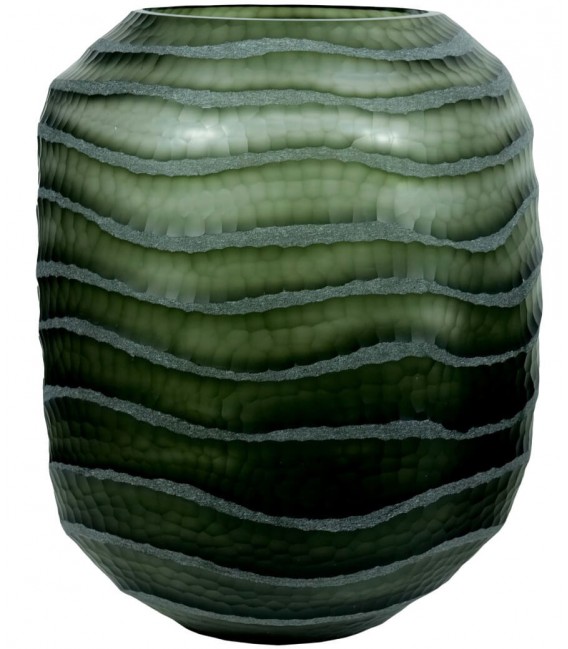 Jarrón de cristal verde tallado con textura glaseada artesanal. Mdmhogar