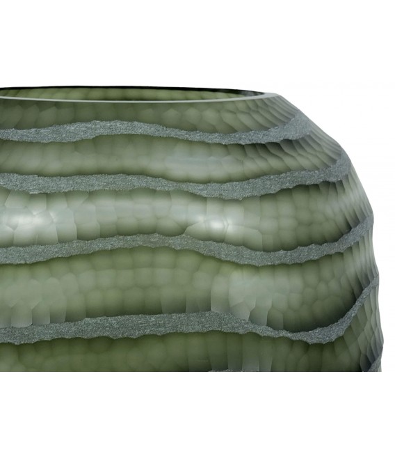 Jarrón de cristal verde tallado con textura glaseada artesanal