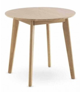 Mesa redonda nórdica de madera clara para comedores pequeños.