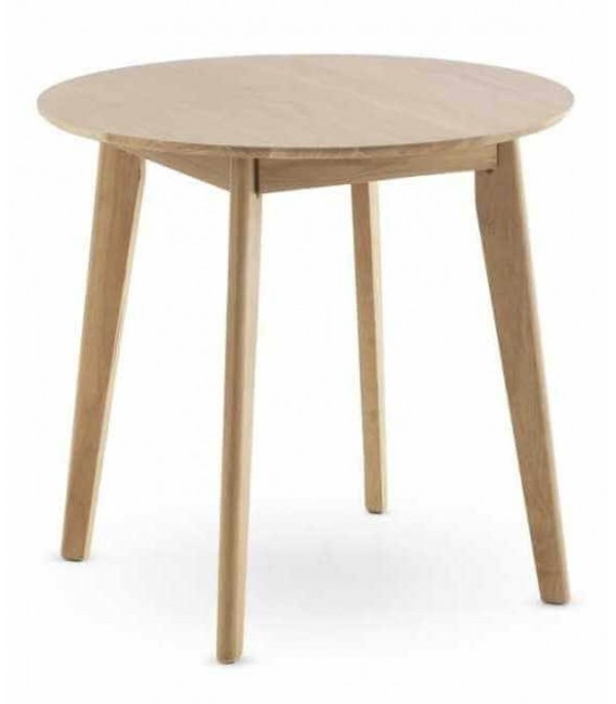 Mesa redonda nórdica de madera clara para comedores pequeños.
