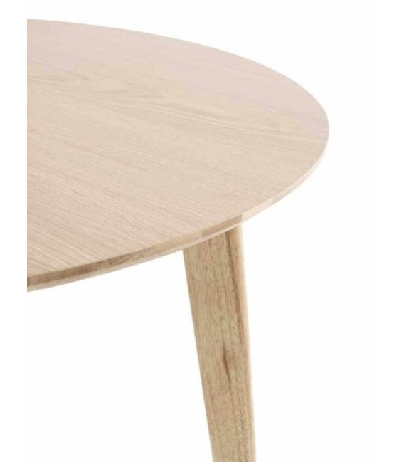 Mesa redonda nórdica de madera clara para comedores pequeños.2