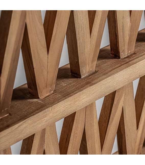 Biombo artesanal de madera de teca estilo colonial y acabado natural.1