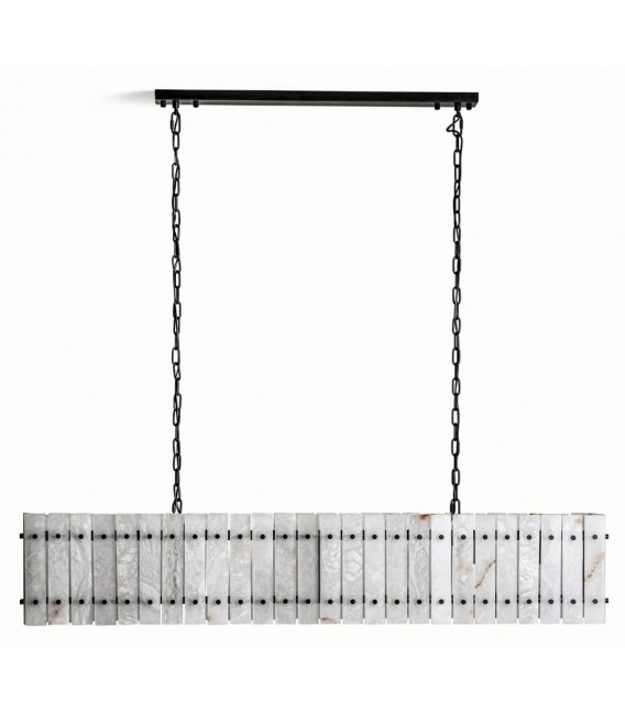 Lámpara de techo rectangular de mármol blanco y metal negro mate.