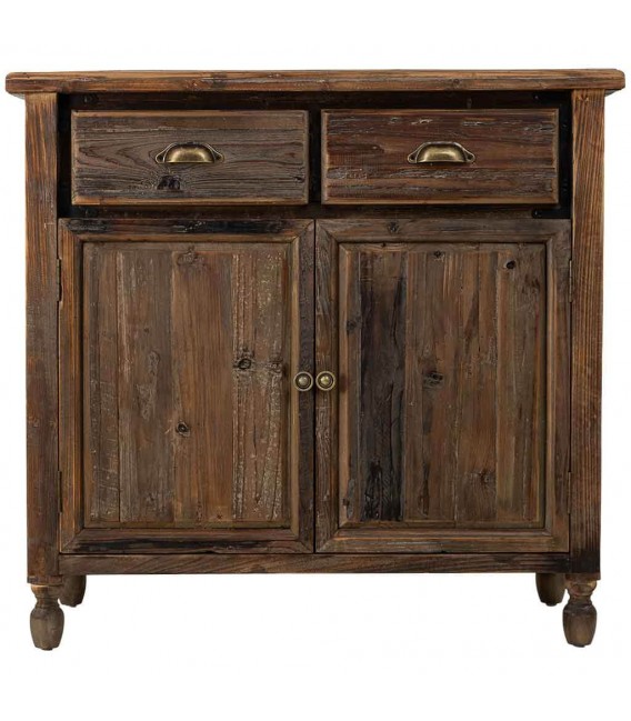 Taquillón rústico boho de madera reciclada con 2 cajones y 2 puertas.