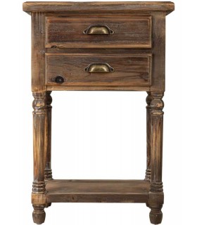 Mesita de noche de madera reciclada con 2 cajones y balda inferior.