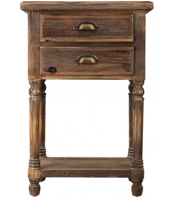 Mesita de noche de madera reciclada con 2 cajones y balda inferior.