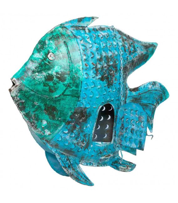 Figura porta velas colgante XL azul y verde, metal envejecido artesanal.1
