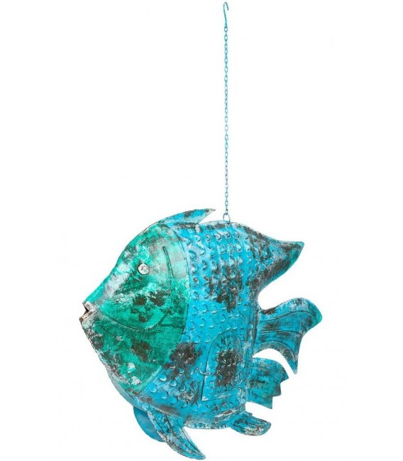 Figura porta velas colgante XL azul y verde, metal envejecido artesanal.