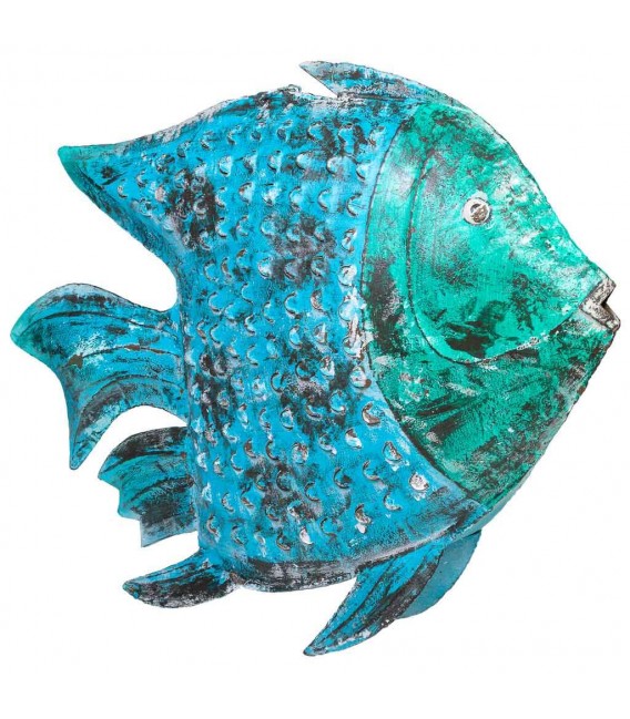 Figura porta velas colgante XL azul y verde, metal envejecido artesanal.4