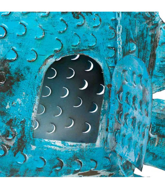 Figura porta velas colgante XL azul y verde, metal envejecido artesanal.3