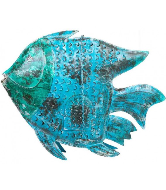 Figura porta velas colgante XL azul y verde, metal envejecido artesanal.5