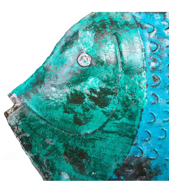 Figura porta velas colgante XL azul y verde, metal envejecido artesanal.2