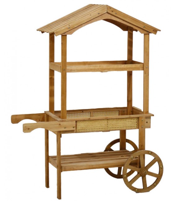 Carro expositor vintage en madera y ratán natural con estantes. Mdmhogar