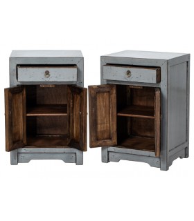 Pareja mesitas de noche orientales grises, pino macizo gris.