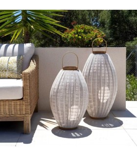 Portavelas bambú y lino crudo. Luz cálida en estilo colonial natural. Mdmhogar