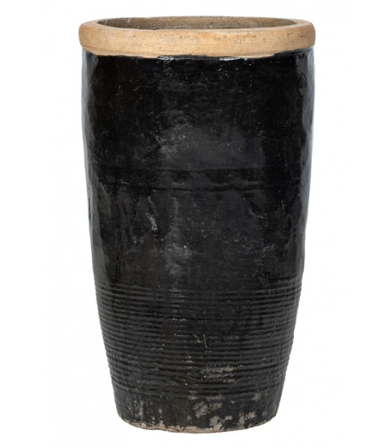 Tinaja antigua oriental de barro cocido en negro brillo lacado. Mdmhogar