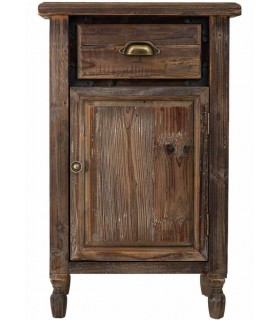 Mesita de noche rústica en madera reciclada con puerta y cajón.