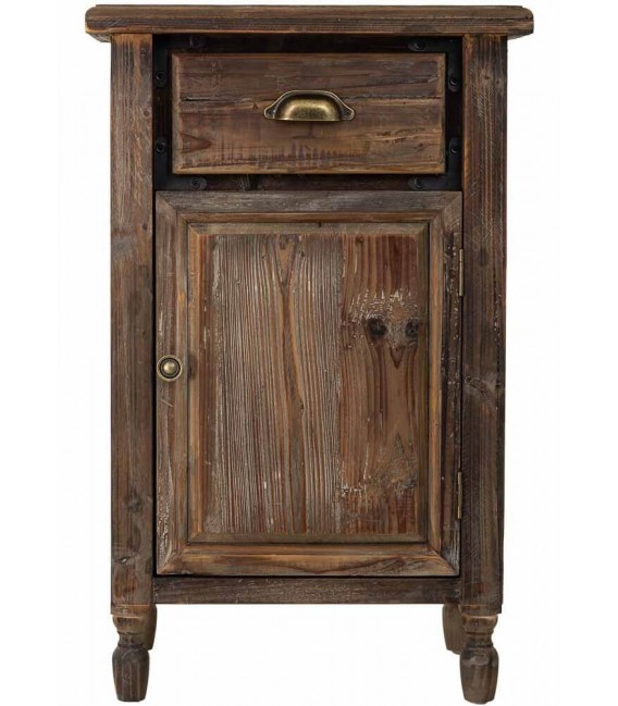 Mesita de noche rústica en madera reciclada con puerta y cajón.
