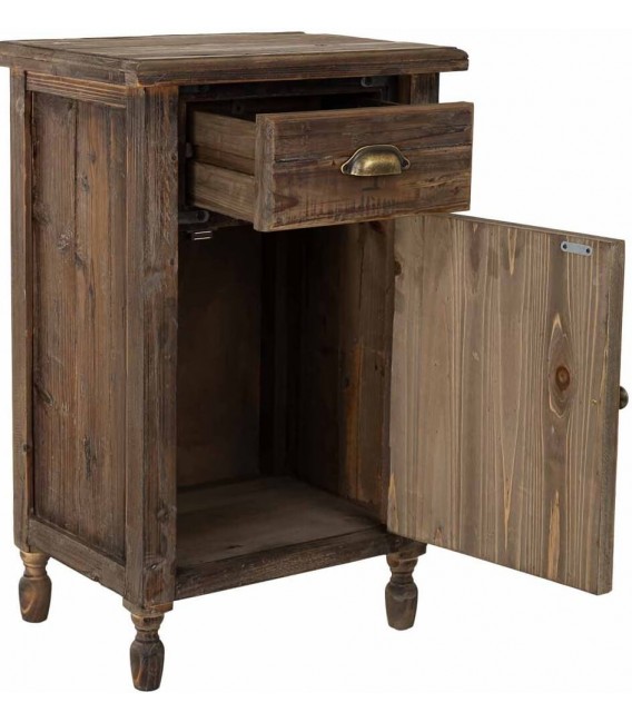 Mesita de noche rústica en madera reciclada con puerta y cajón.1