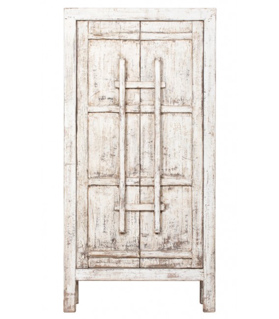 Armario alacena oriental en madera decapada blanca artesanal.