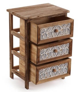 Cajonera auxiliar colonial madera color nogal frentes blancos calados.