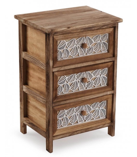 Cajonera auxiliar colonial madera color nogal frentes blancos calados. Mdmhogar