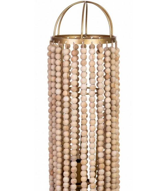 Lámpara de pie art decó dorada con mesita y cuentas de madera.