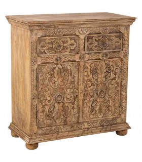 Taquillón étnico de madera tallada natural con 2 puertas y cajones. Mdmhogar