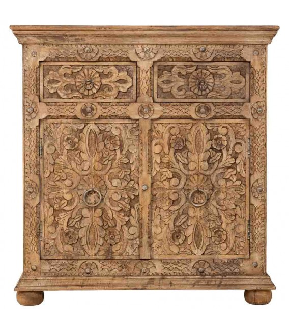 Taquillón étnico de madera tallada natural con 2 puertas y cajones.