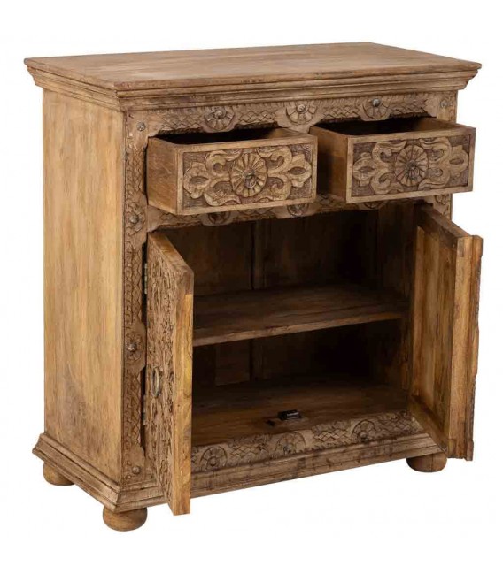 Taquillón étnico de madera tallada natural con 2 puertas y cajones.1