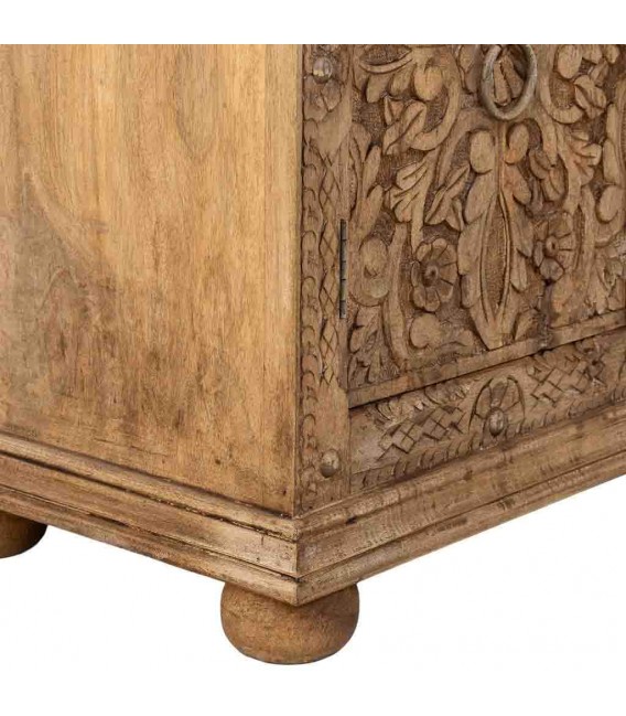 Taquillón étnico de madera tallada natural con 2 puertas y cajones.4