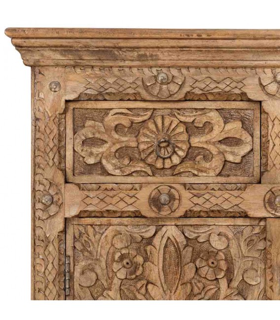 Taquillón étnico de madera tallada natural con 2 puertas y cajones.3