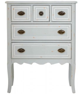 Cómoda rústica gris con 5 cajones y tiradores bronce patinado.