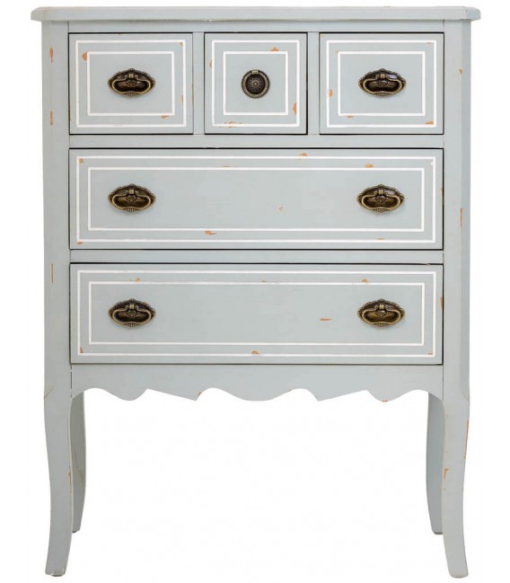 Cómoda rústica gris con 5 cajones y tiradores bronce patinado.