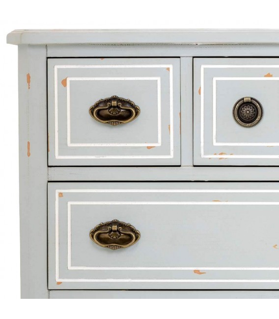 Cómoda rústica gris con 5 cajones y tiradores bronce patinado.4