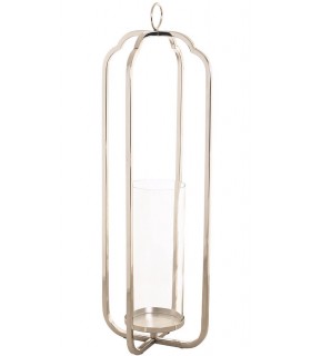 Portavelas alto de acero cromado con recipiente interior de cristal.