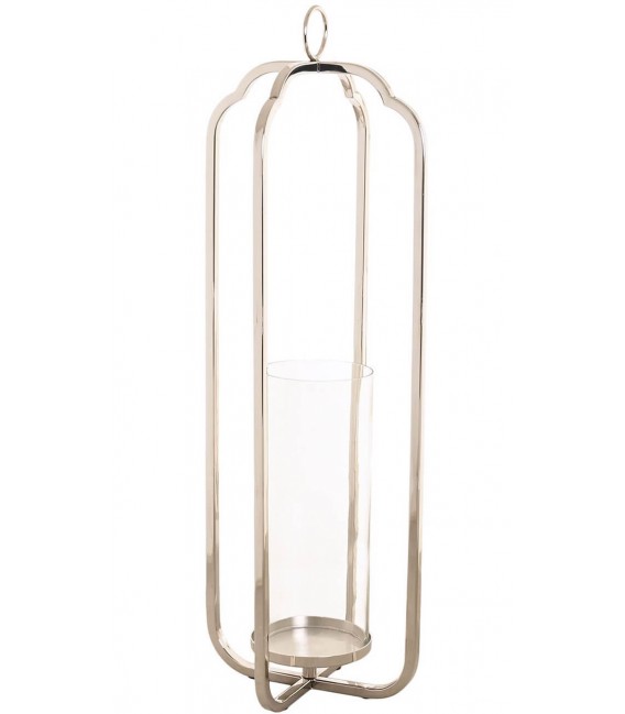 Portavelas alto de acero cromado con recipiente interior de cristal.