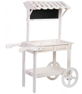 Carro expositor vintage en madera blanca y ratán con pizarra frontal. Mdmhogar