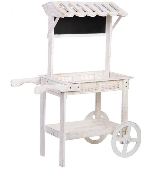 Carro expositor vintage en madera blanca y ratán con pizarra frontal. Mdmhogar