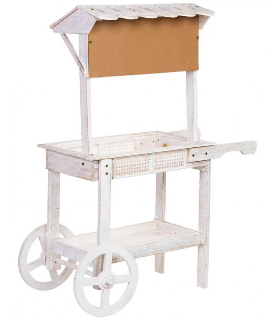 Carro expositor vintage en madera blanca y ratán con pizarra frontal.2
