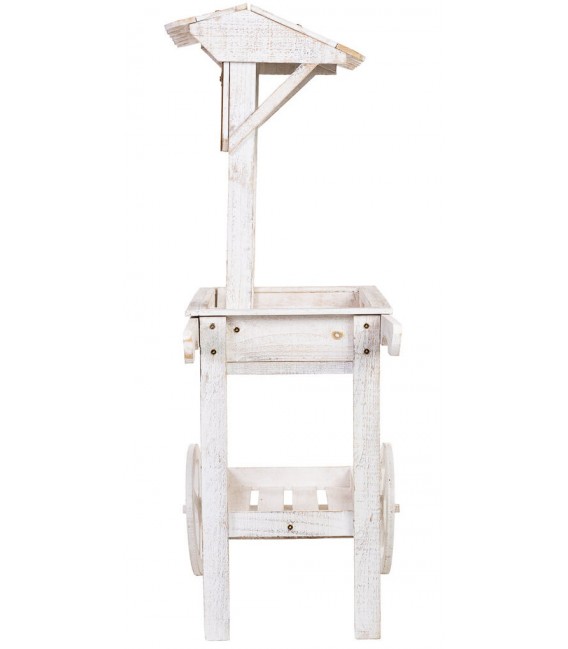 Carro expositor vintage en madera blanca y ratán con pizarra frontal.1