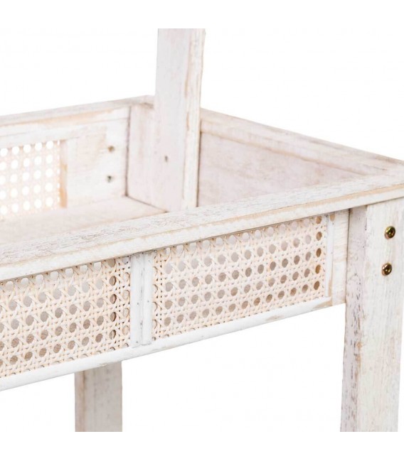 Carro expositor vintage en madera blanca y ratán con pizarra frontal.4