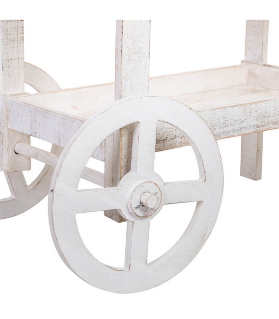 Carro expositor vintage en madera blanca y ratán con pizarra frontal.5